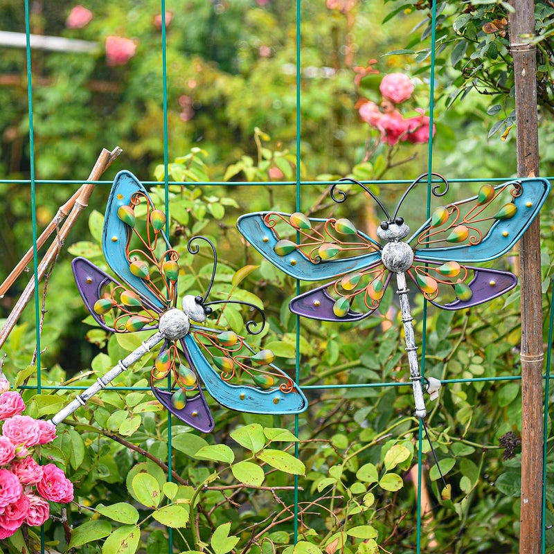 Sungmor Metal Dragonfly Wall Decor, 2PC Colorful Painted Garden Metal Art Decorations, Outdoor Hanging Metal Wall Art, Lovely Dragonfly Sculpture Wall Decoration for Home Yard Patio Garden Fence - Image 4